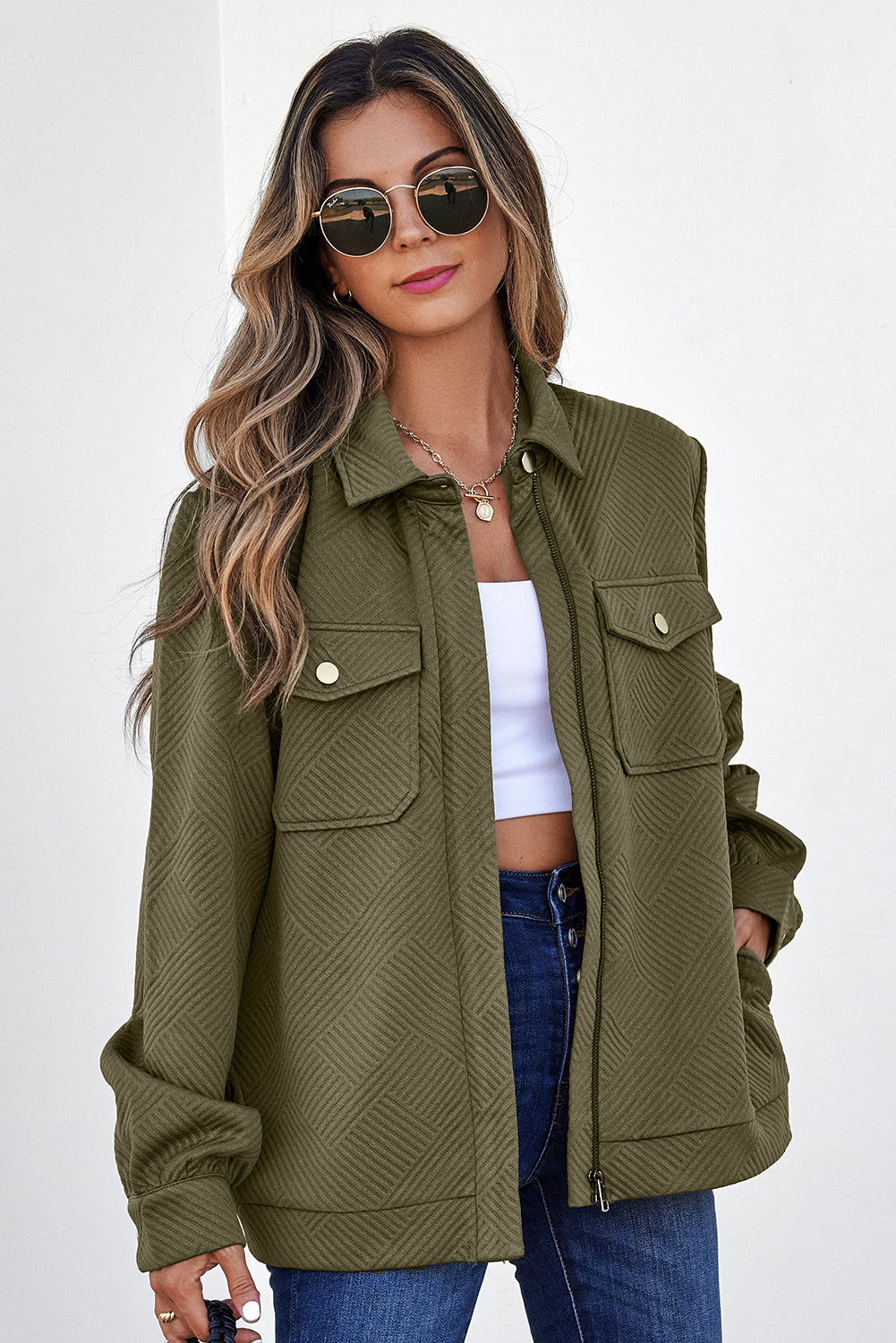 White Solid Color Zip Up Button Flap Pocket Shirt Collar Jackets