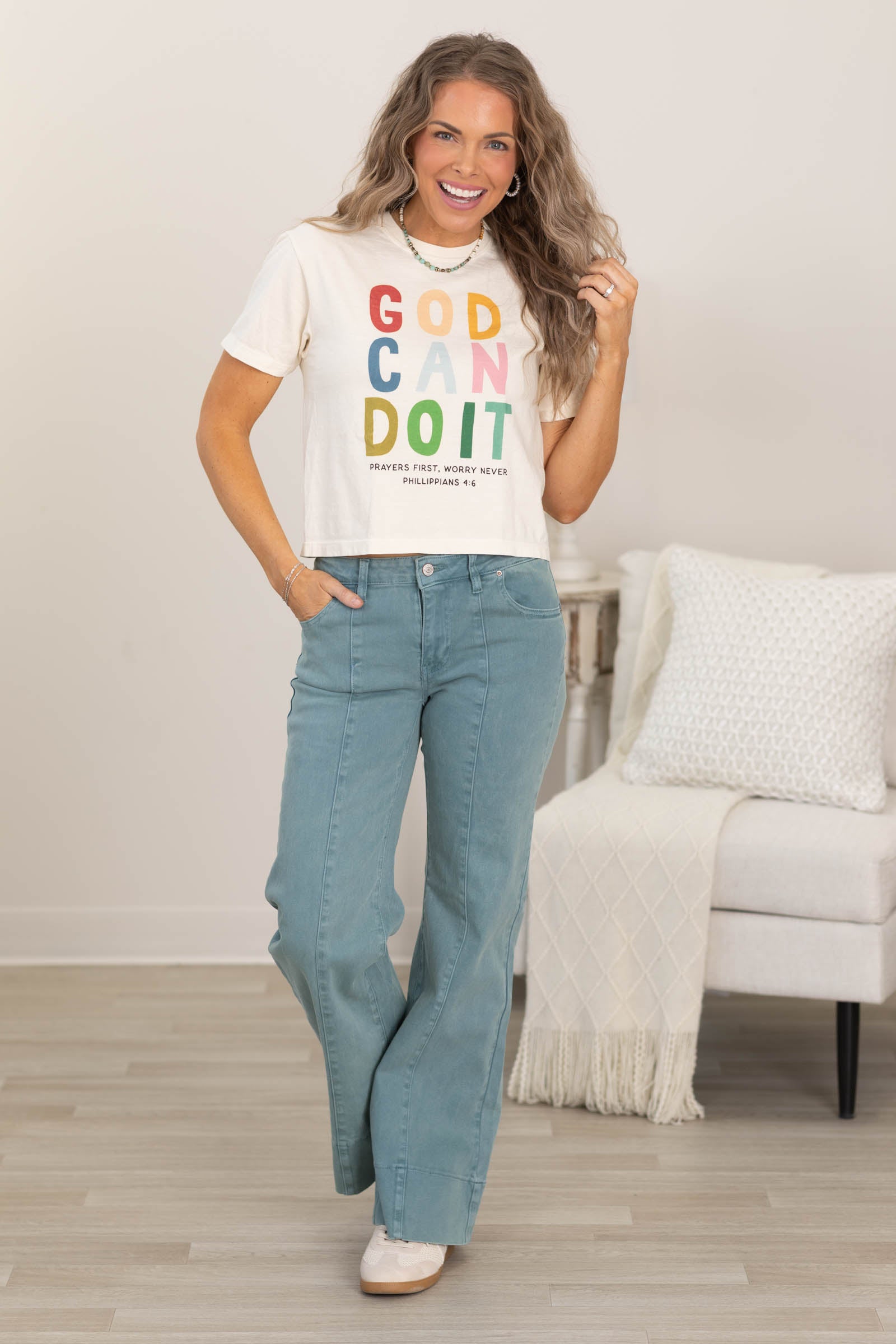 Mid Rise Wide Leg Color Denim Pants