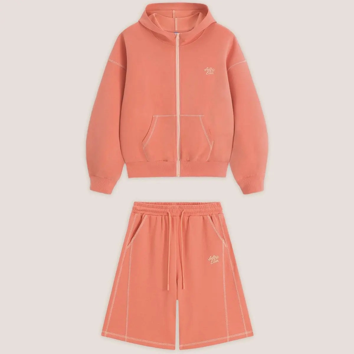 Cloud Boxy Sweat Set Contrast Stitch Zip-Up Jacket & Shorts Oversized Unisex