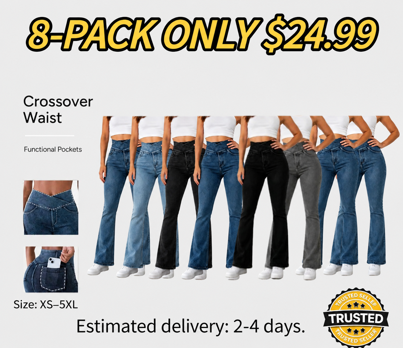 Women's High-Waisted Stretch Jeans with Crossover Design — Slim-Fit Flared Denim Leggings