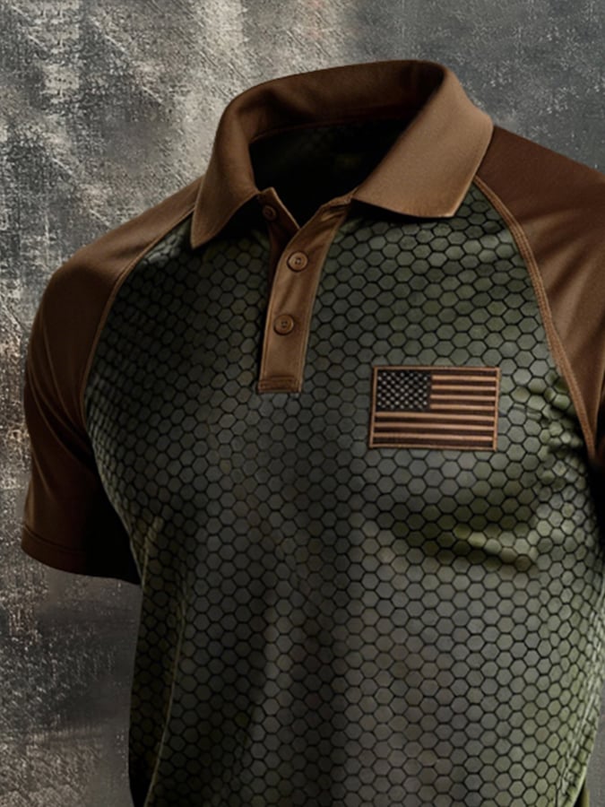 Men's Retro Patriotic Color-Block Short-Sleeve Polo Shirt
