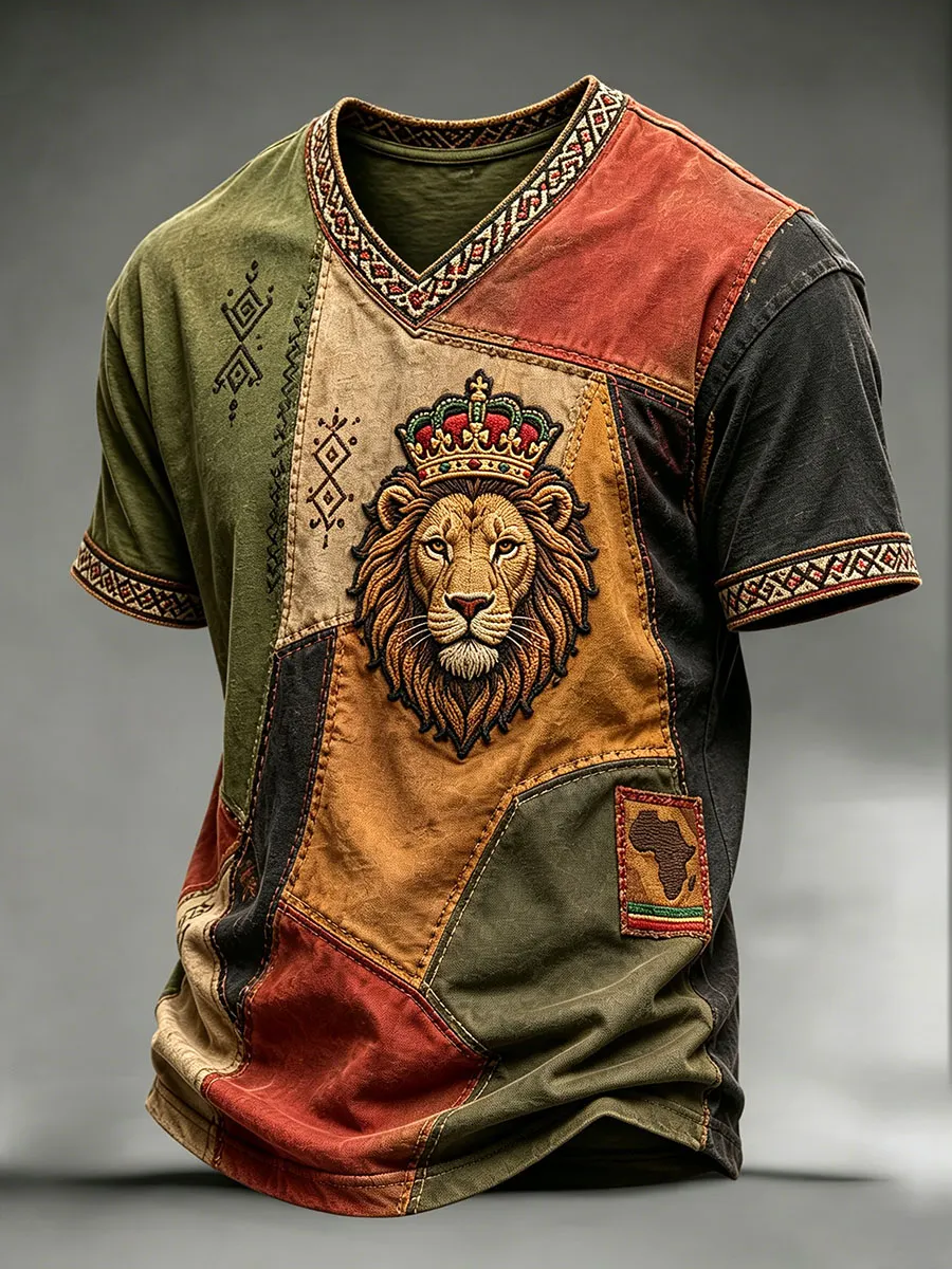 African Crowned Lion Patchwork Men’s V-Neck T-Shirt