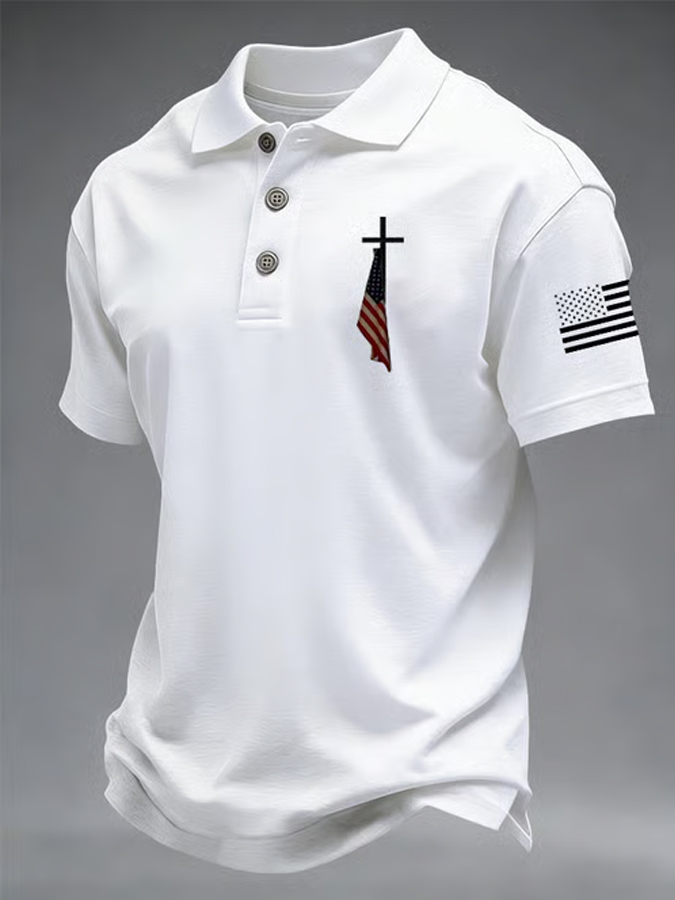 Men'S Flag Cross Printed Polo Shirt