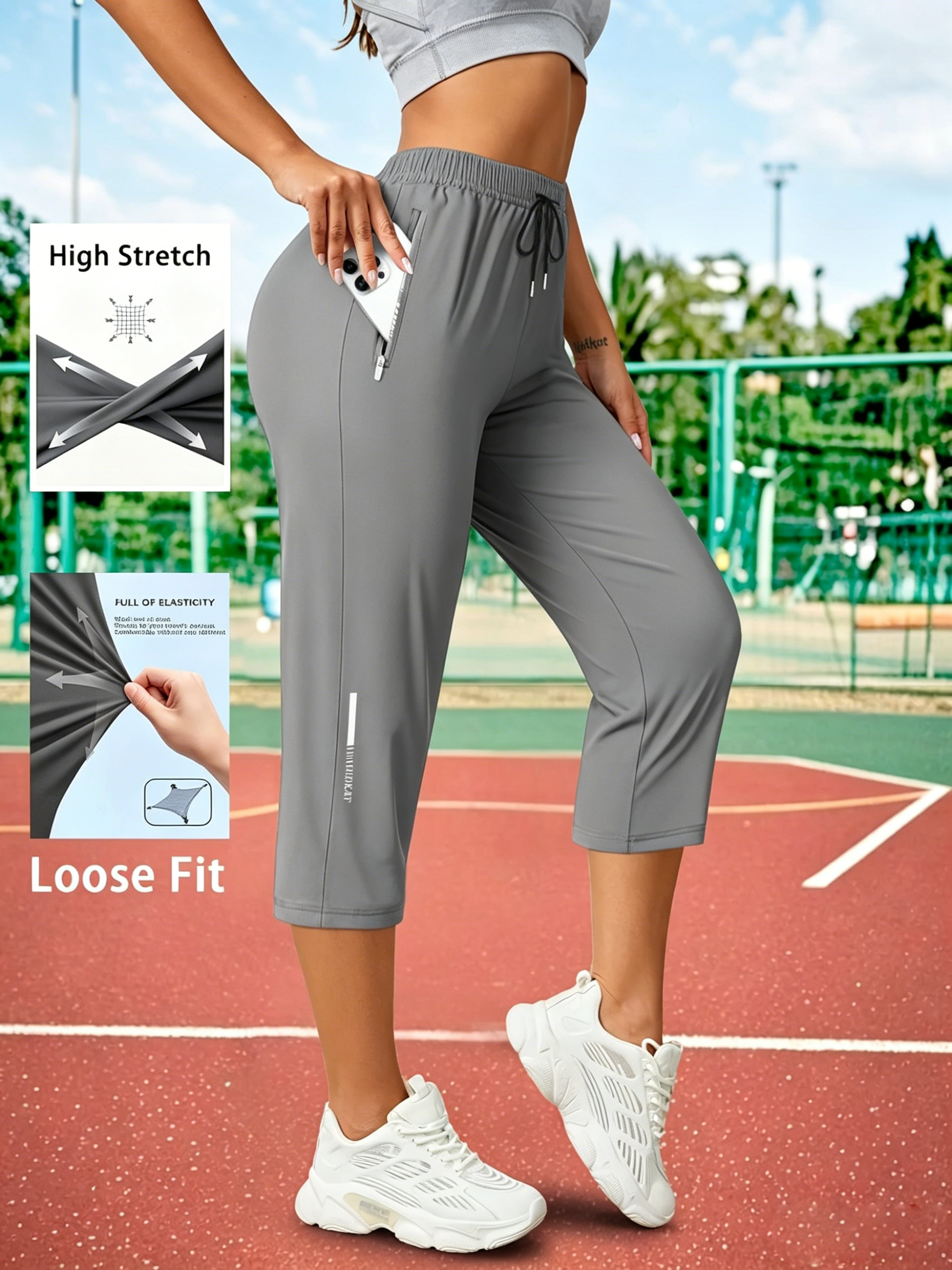 Women's Capris Pants - Loose Fit, Summer Drawstring Waist, Zippered Pockets