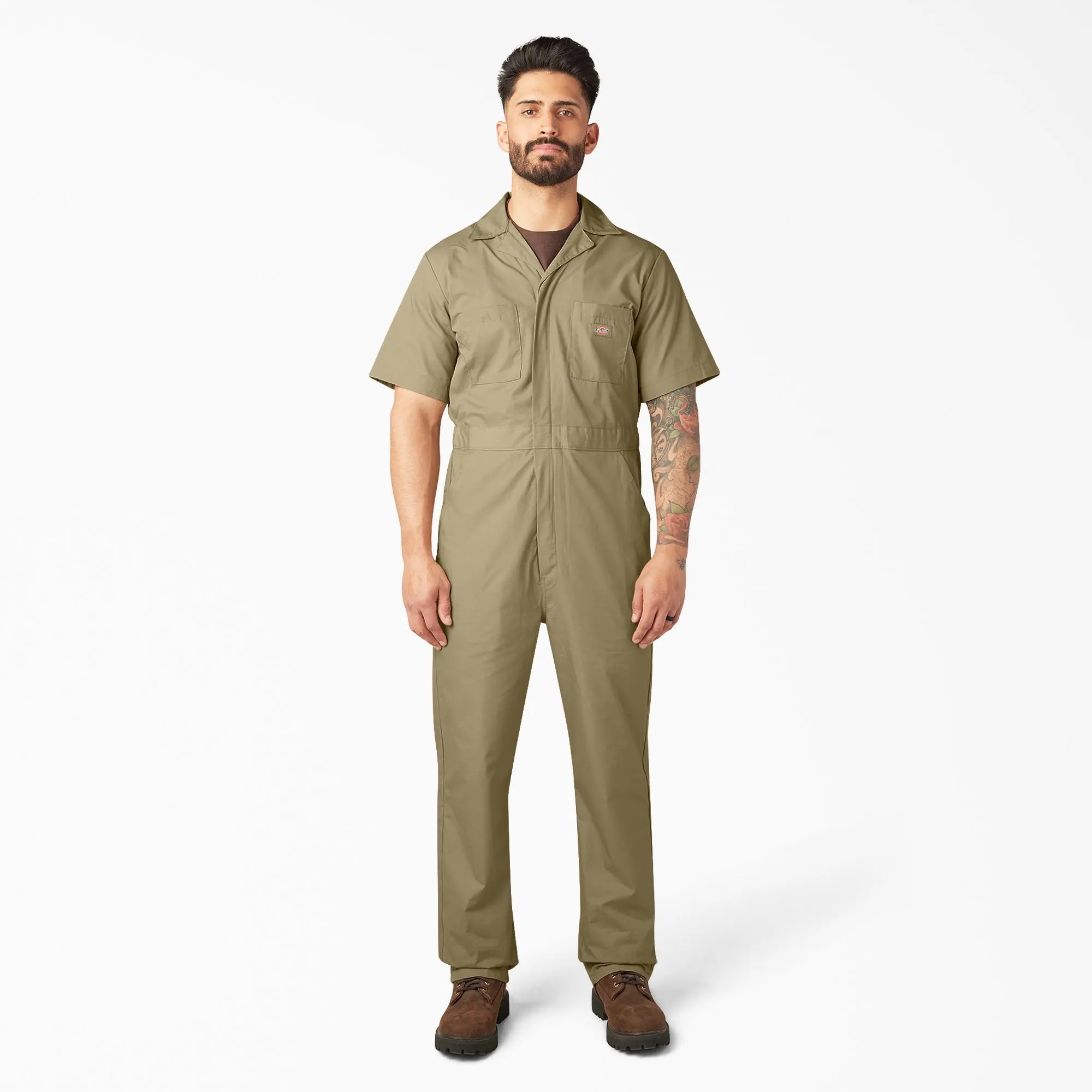 Men's short-sleeved work coveralls, designed to be worn over everyday clothing.
