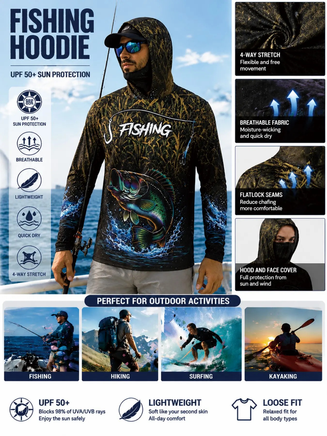Men’s Hooded Fishing Shirt with Face Mask – UV Protection Gradient Outdoor Hoodie