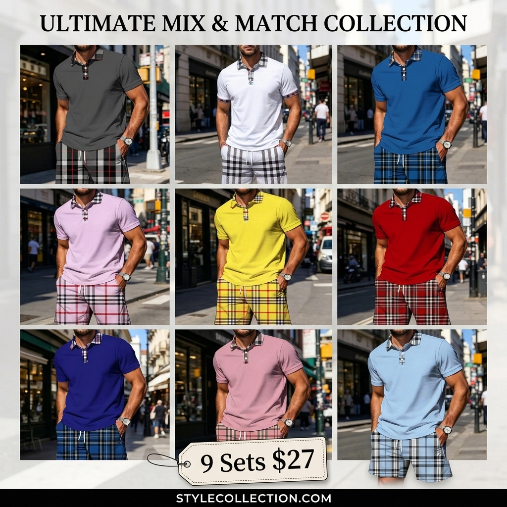 Men's Plaid Polo Shirt & Shorts Set – Casual Summer 2-Piece Outfit with Pockets