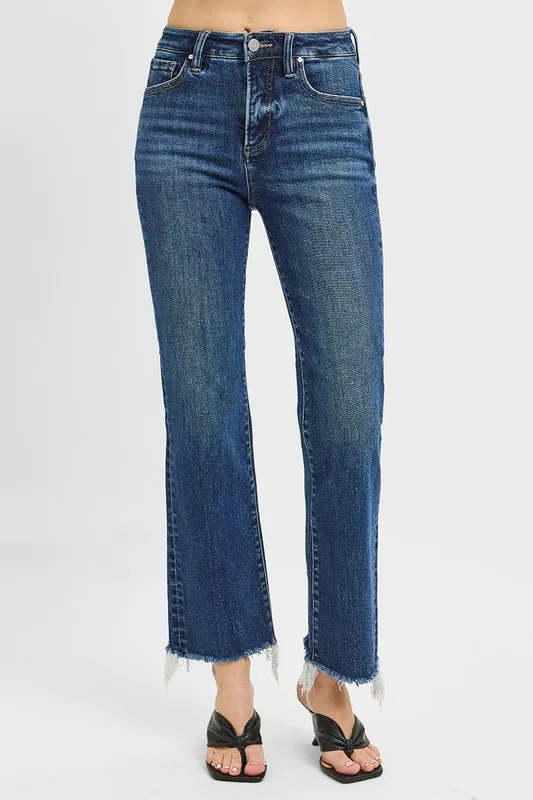 Full Size Tummy Control High Rise Crop Straight Raw Cut Hem Jeans