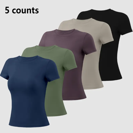 5-Piece Solid Sports Tee Set Round Neck Slim Stretchy
