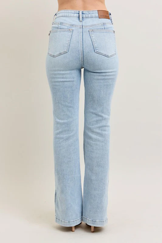 Blue Full Size Tummy Control Vintage Wash Side Slit Slim Boot Jeans Plus Size