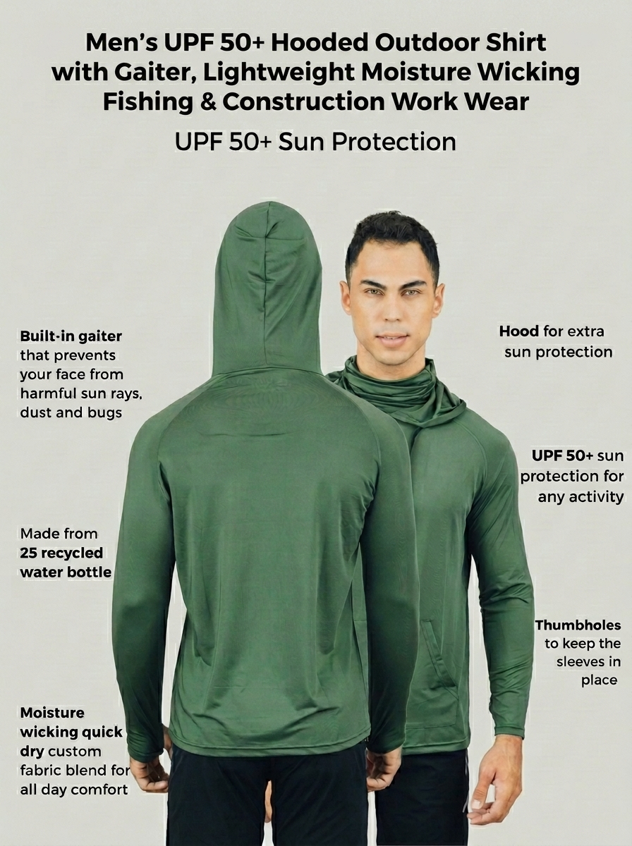 🔥Men's UPF 50 Hooded Long Sleeve Outdoor Shirt with Gaiter Lightweight Moisture Wicking Fishing & Construction Work Wear