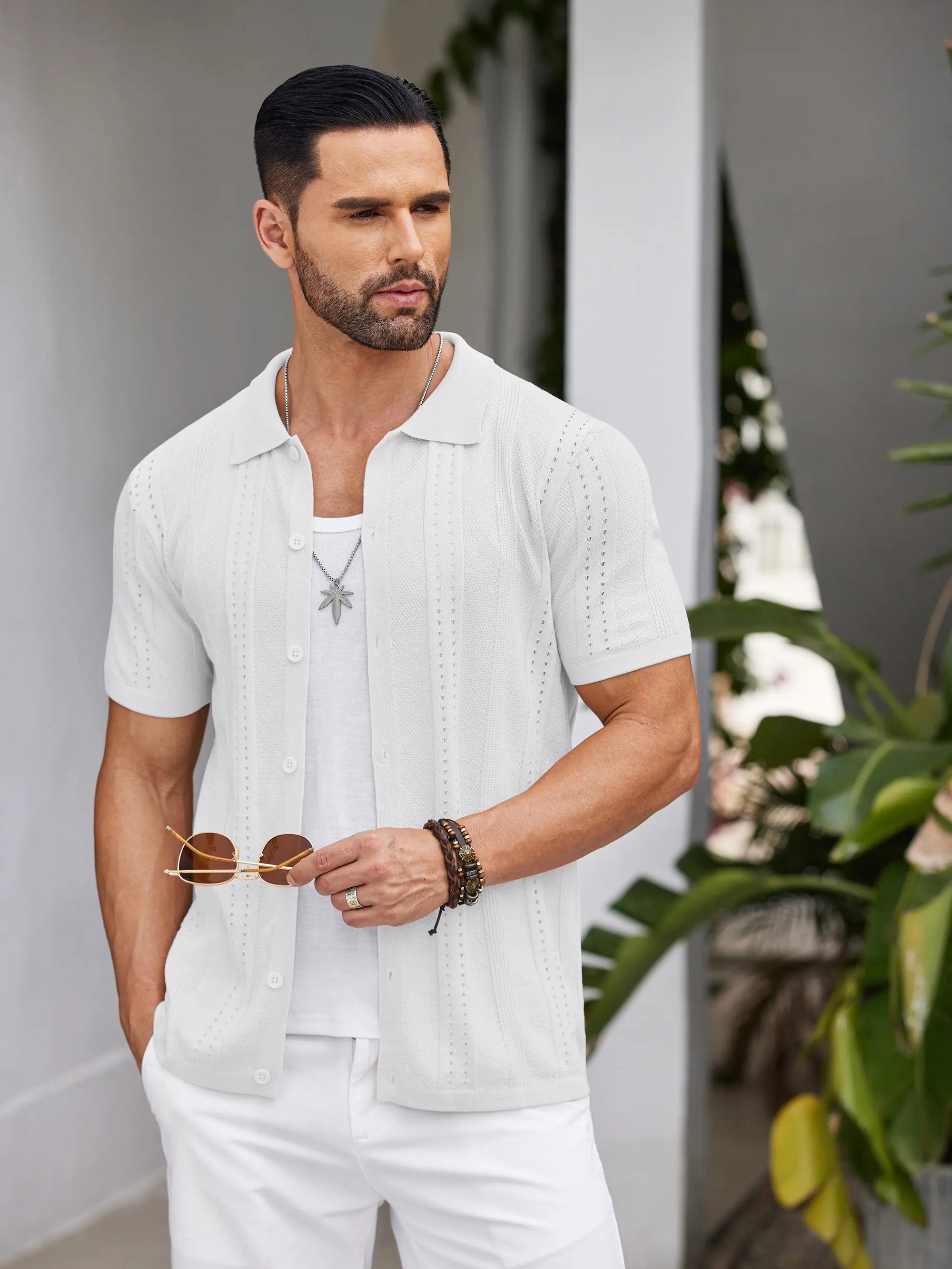 Men's Knit Shirts Short Sleeve Button Down Polo Shirt Fashion Casual Summer Beach Shirts Menswear Top