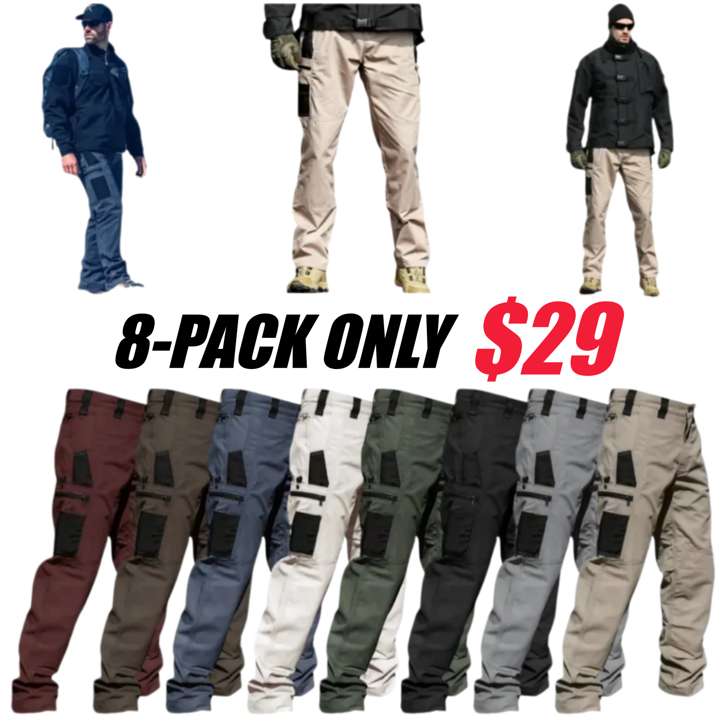 🔥8-Pack Only $24(All colors)🔥Men's 8-Pack Unisex 10-Pocket Heavy Duty zipper waterproof tactical Work Pants