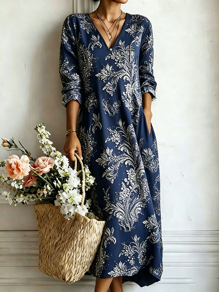 Women'S Cotton And Linen Casual Printed Loose Dress