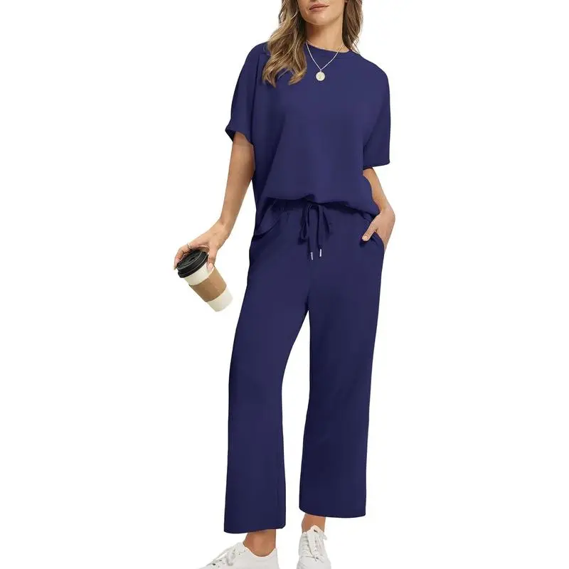 Two Piece Sets for Women Summer Outfits Oversized Wide Leg Crop Pants Lounge Sets
