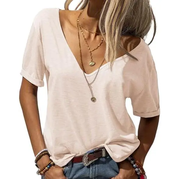 Women's Fashion Deep V-Neck Short Sleeve Tops Solid Casual Loose Basic T Shirt