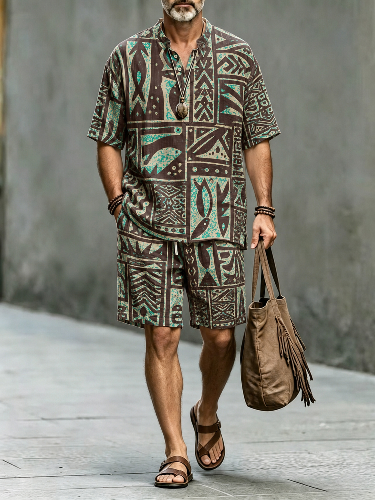 Men's Retro Abstract Geometric Art Print Casual Set
