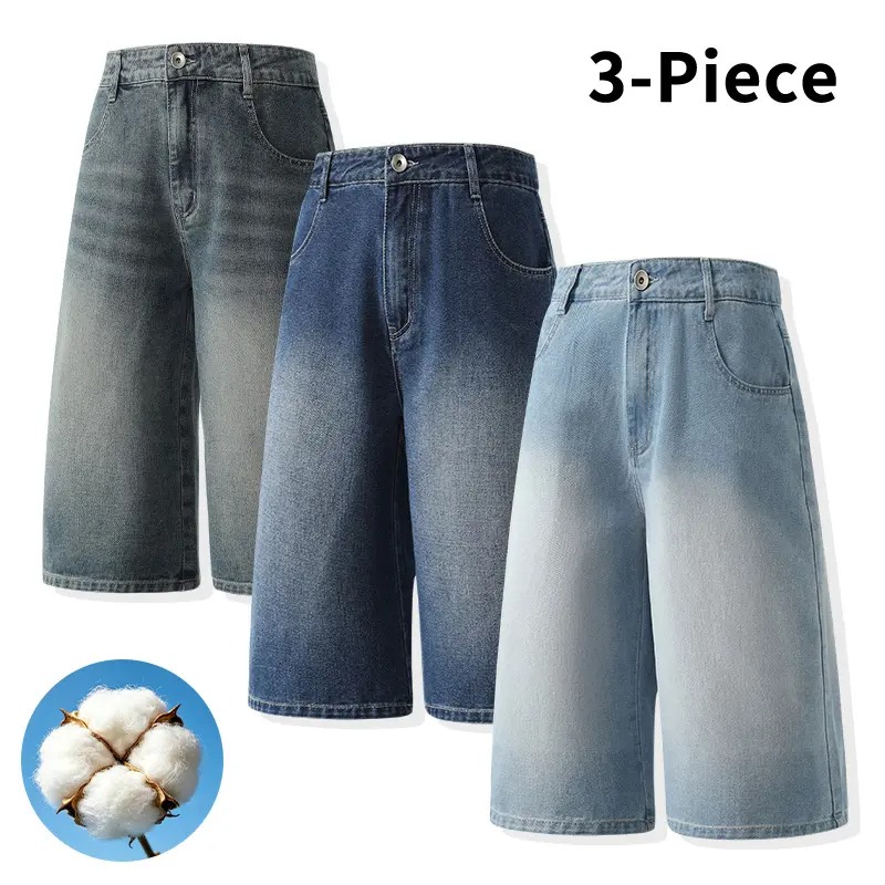 Men’s 3-Piece Vintage Washed Wide-Leg Denim Shorts Set