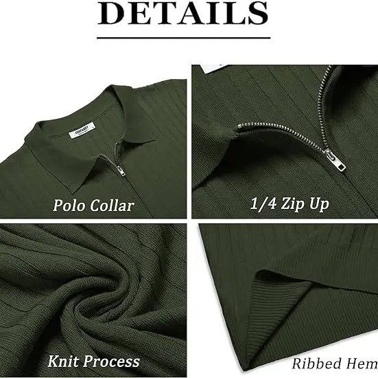 Men's Zipper Polo Shirts Short Sleeve Ribbed Knit Polo T Shirts