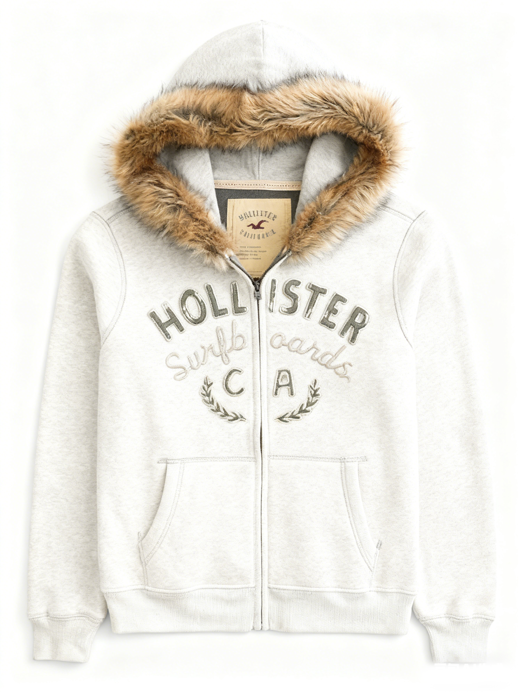 Faux Fur Trim Zip-Up Logo Graphic Hoodie