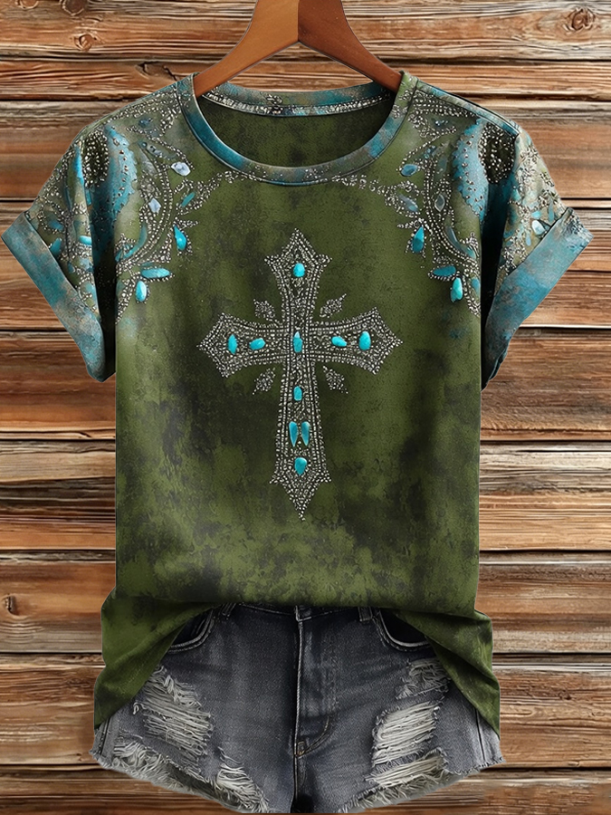 Women'S Casual Retro Faith Printed Short Sleeved T-Shirt
