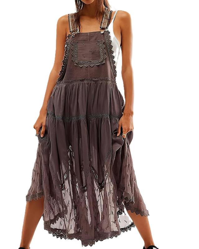 Ebossy Women's Basic Minimalist Sleeveless Laced Embroidered Tulle Bib Dress Casual Loose Adjustable Straps Maxi Dress Womenswear Boho Style