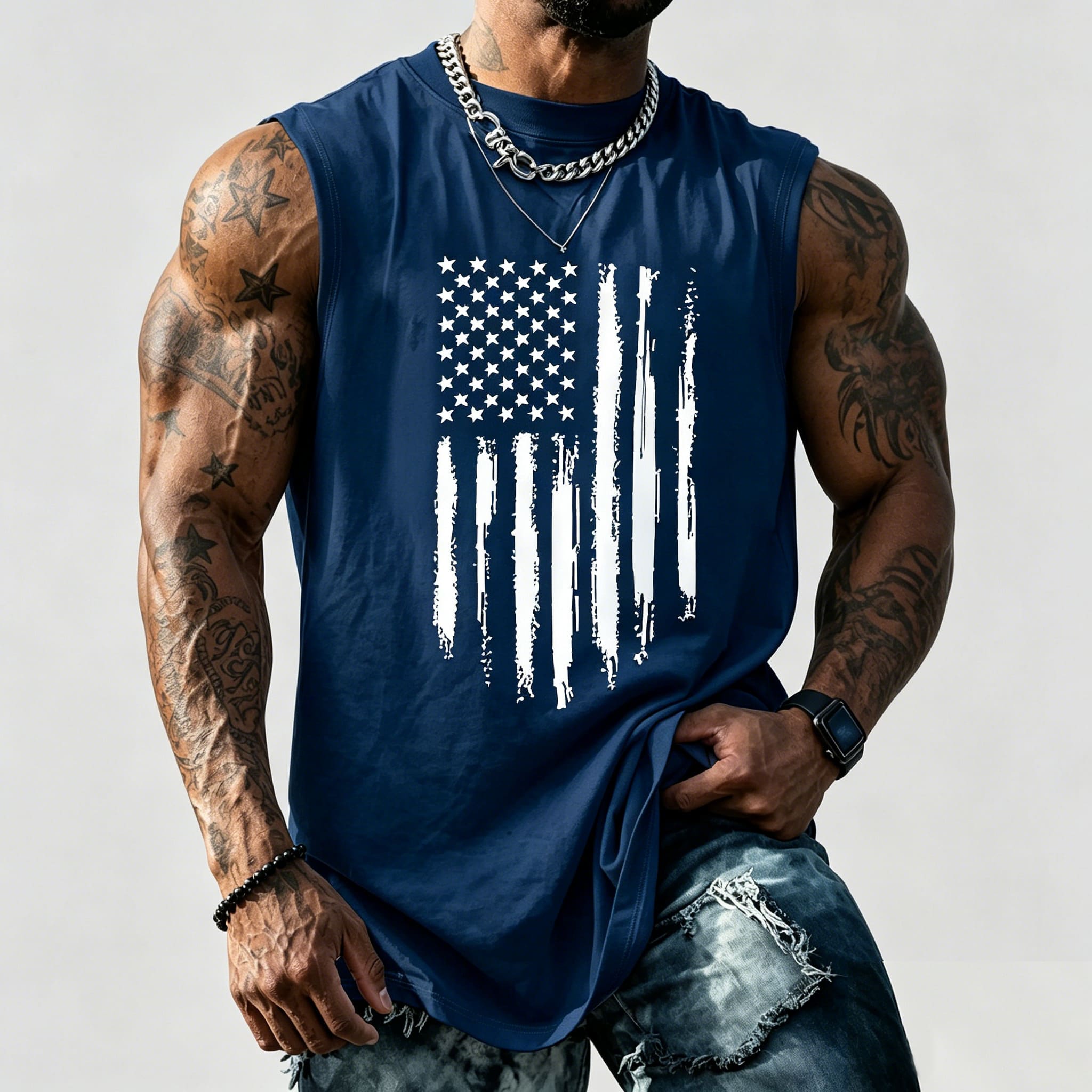 Men's American Flag Graphic Print Crew Neck Fitted Tank Top Vest