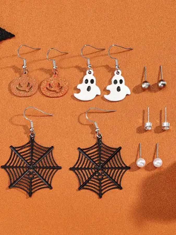 Women's 6-Pair Halloween Spider Web Pumpkin Ghost Earrings Combination Festive Atmosphere Set Earrings