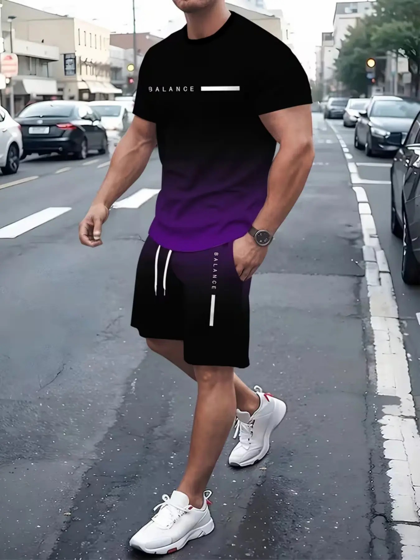 Men’s Gradient Activewear Set – Fitted Tee & Shorts 2-Piece