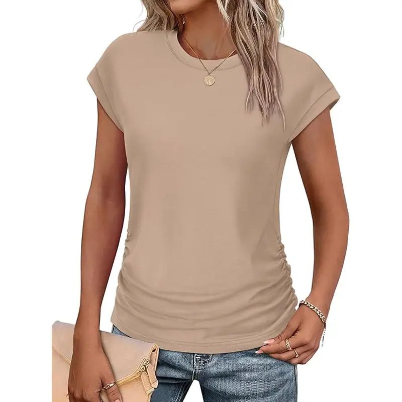 Womens Summer Tops Trendy 2026 Ruched Cap Short Sleeve Tshirts Shirts Crew Neck T Shirts Fashion