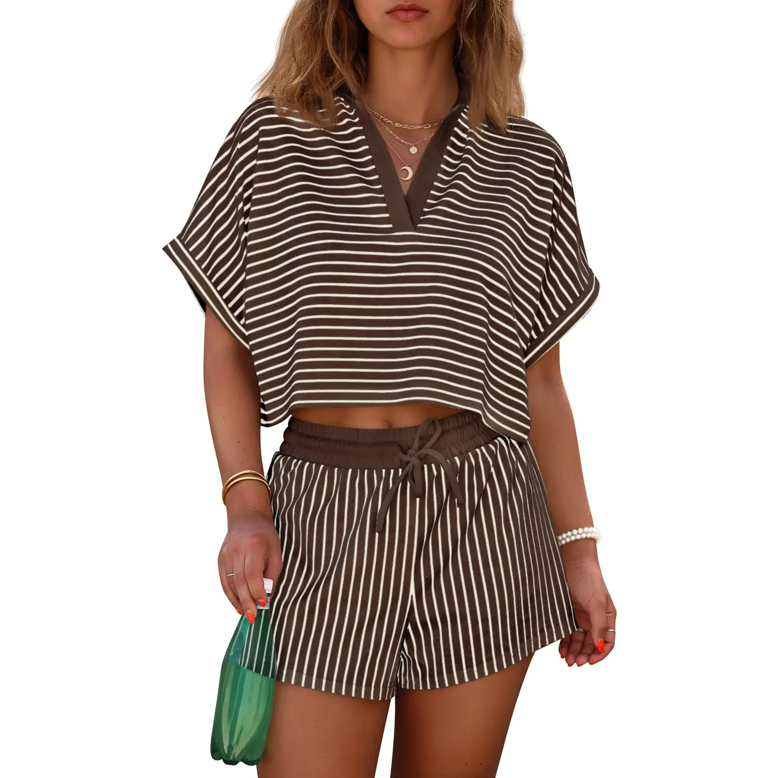 Womens Striped 2 Piece Short Sets