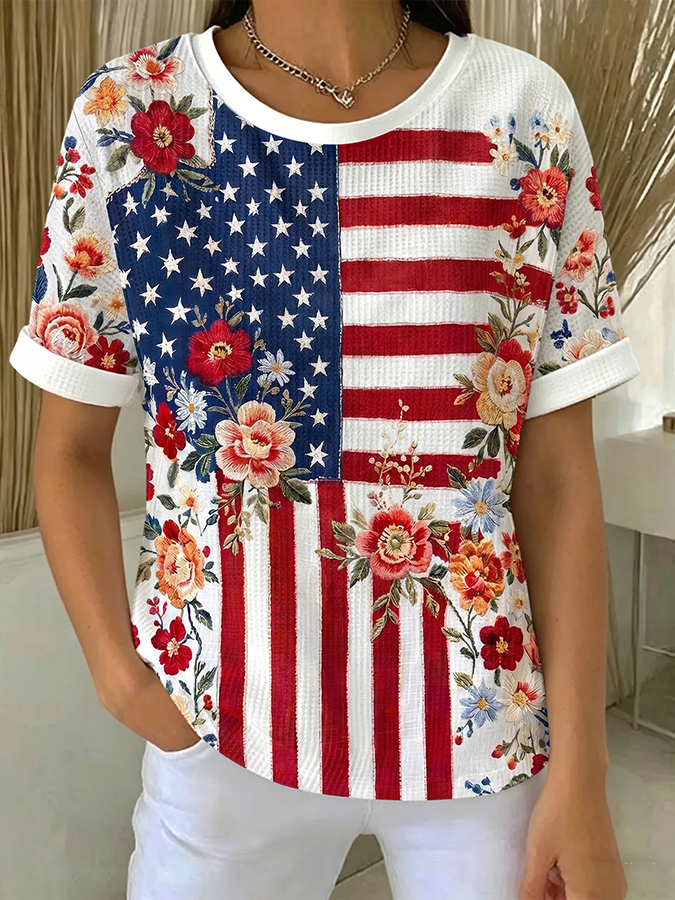 Women'S Casual Waffle American 250 Founding Celebration Round Neck Short Sleeved T-Shirt