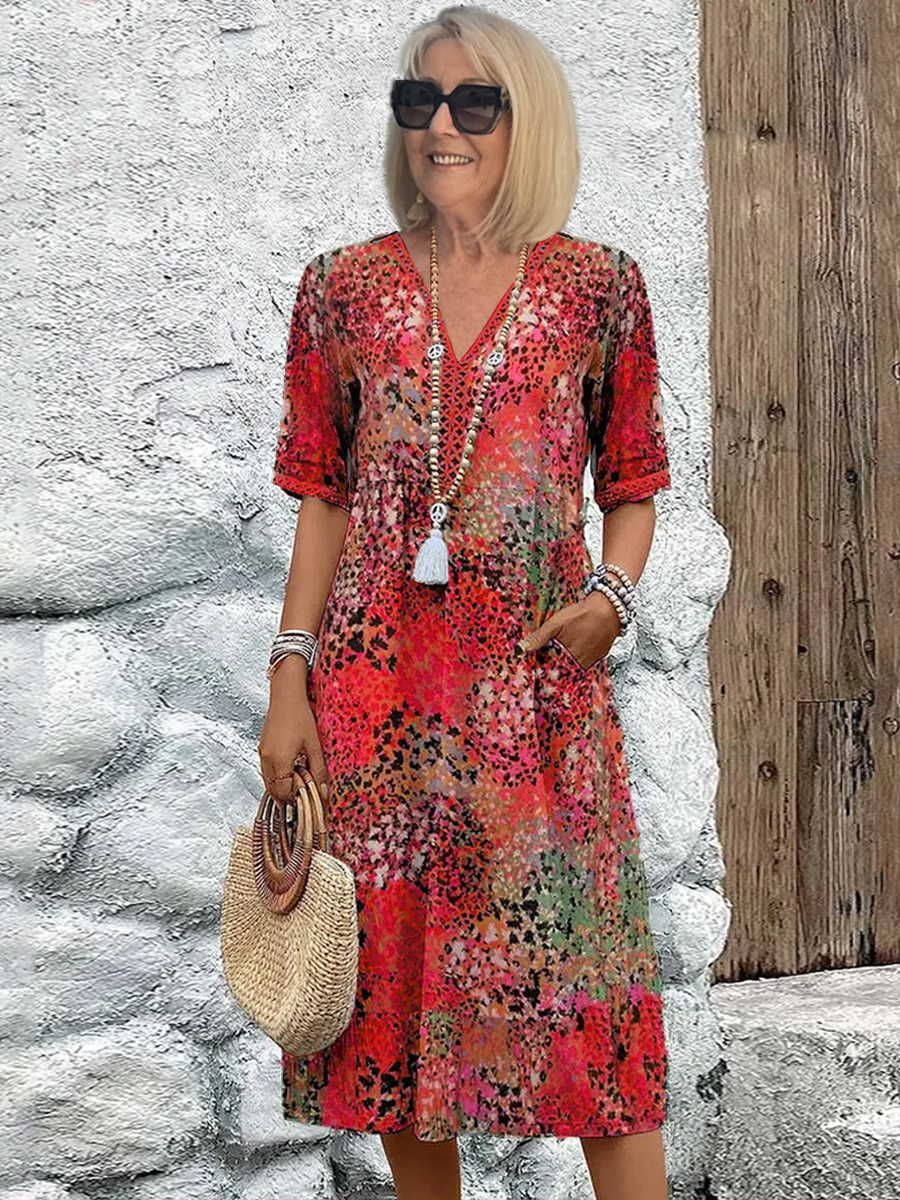 Women's Short Sleeve Summer Leopard Lace Dress V Neck Daily Going Out Casual Knee Length A-Line Khaki