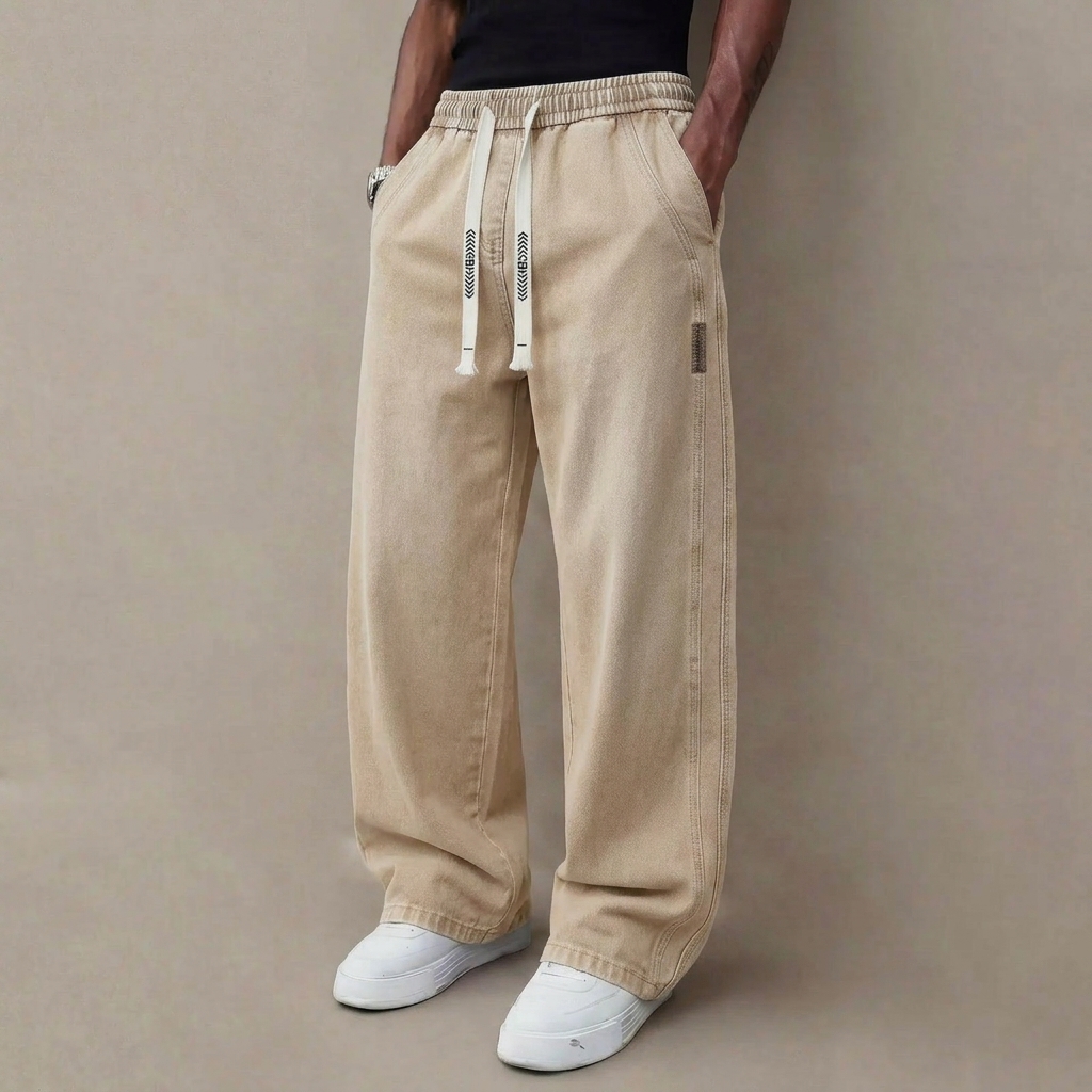 Men's Stretch Straight-Leg Denim Jeans – Vintage Wash Drawstring Casual Pants