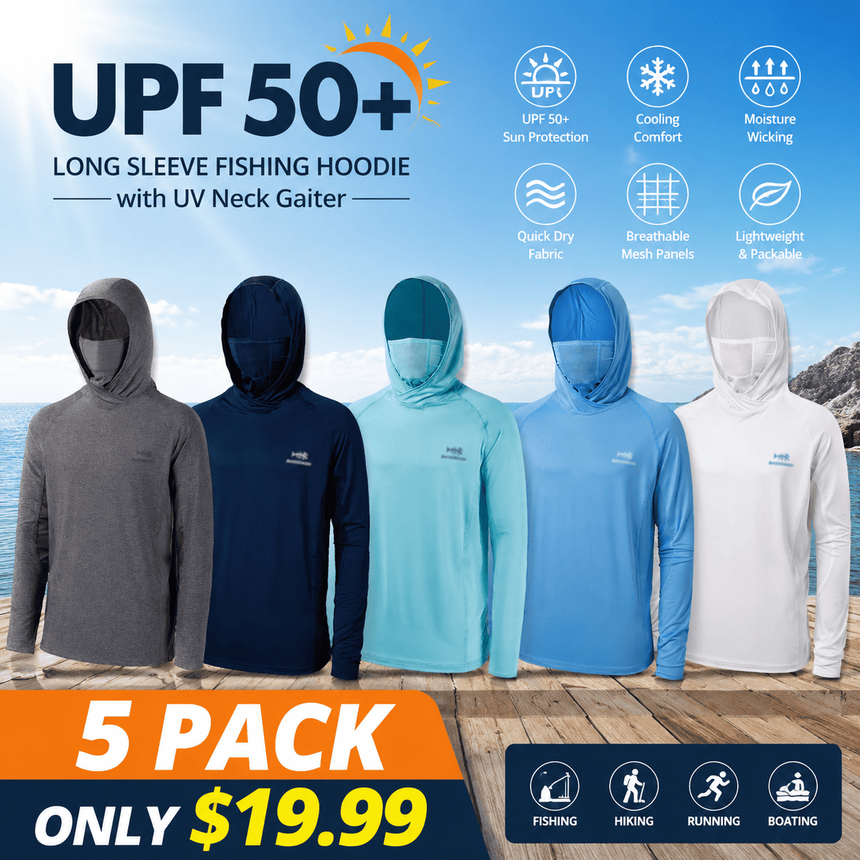 Men’s UPF 50+ Long Sleeve Fishing Hoodie with UV Neck Gaiter