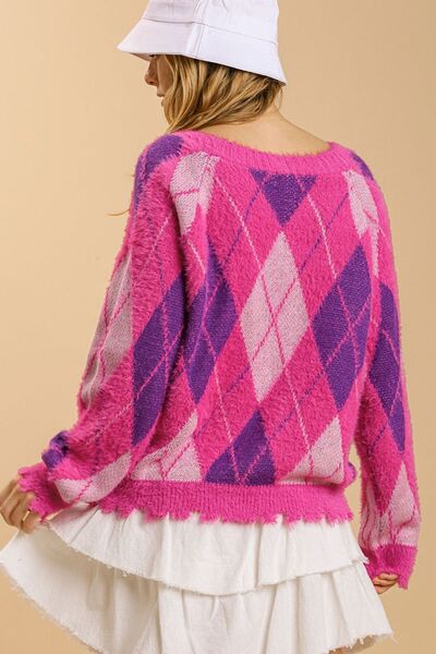 Elegant Argyle Pattern V-Neck Button Front Cardigan