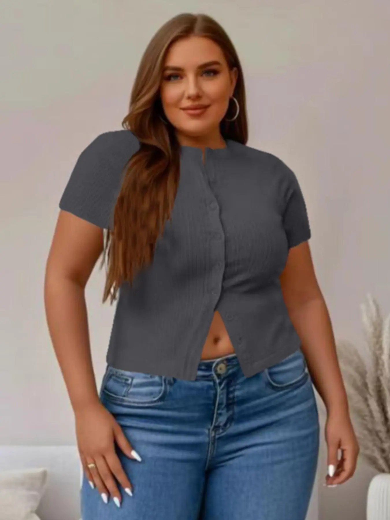 【Plus Size】 Solid Ribbed Short Sleeve Top, Casual Button Front Top for Summer, Women's Plus Clothing for Daily Wear