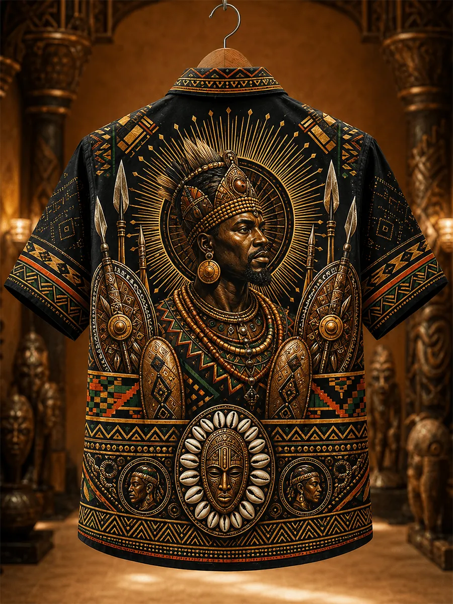 Short-sleeved shirt featuring an all-over print of an ancient African monarch with a sun-god halo.
