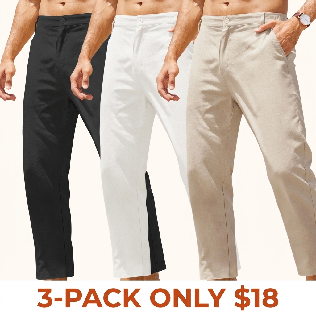Men's Cotton-Linen Trousers — Elastic Waist, Lightweight Casual Pants, Slim Fit, Yoga & Beach Pants (With Pockets)