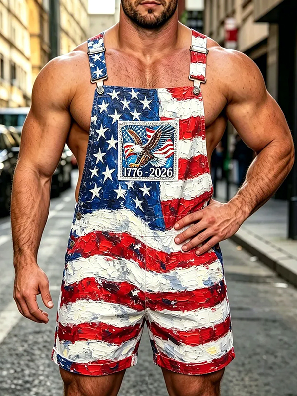 Men's Oil Painting American Flag And Eagle Print Shorts Overalls