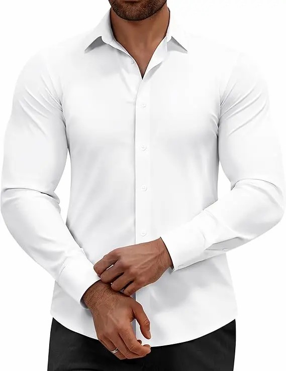 Men's 16-Way Stretch Slim Fit Dress Shirt – Breathable Quick Dry Long Sleeve Button Down, Wrinkle-Free Traveler Top