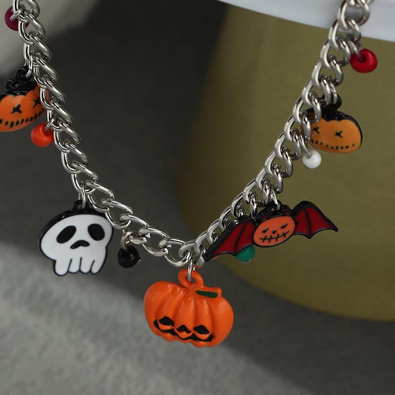 Fashionable, Personalized And Creative Multi-Element Pumpkin, Devil And Bat Design Necklace
