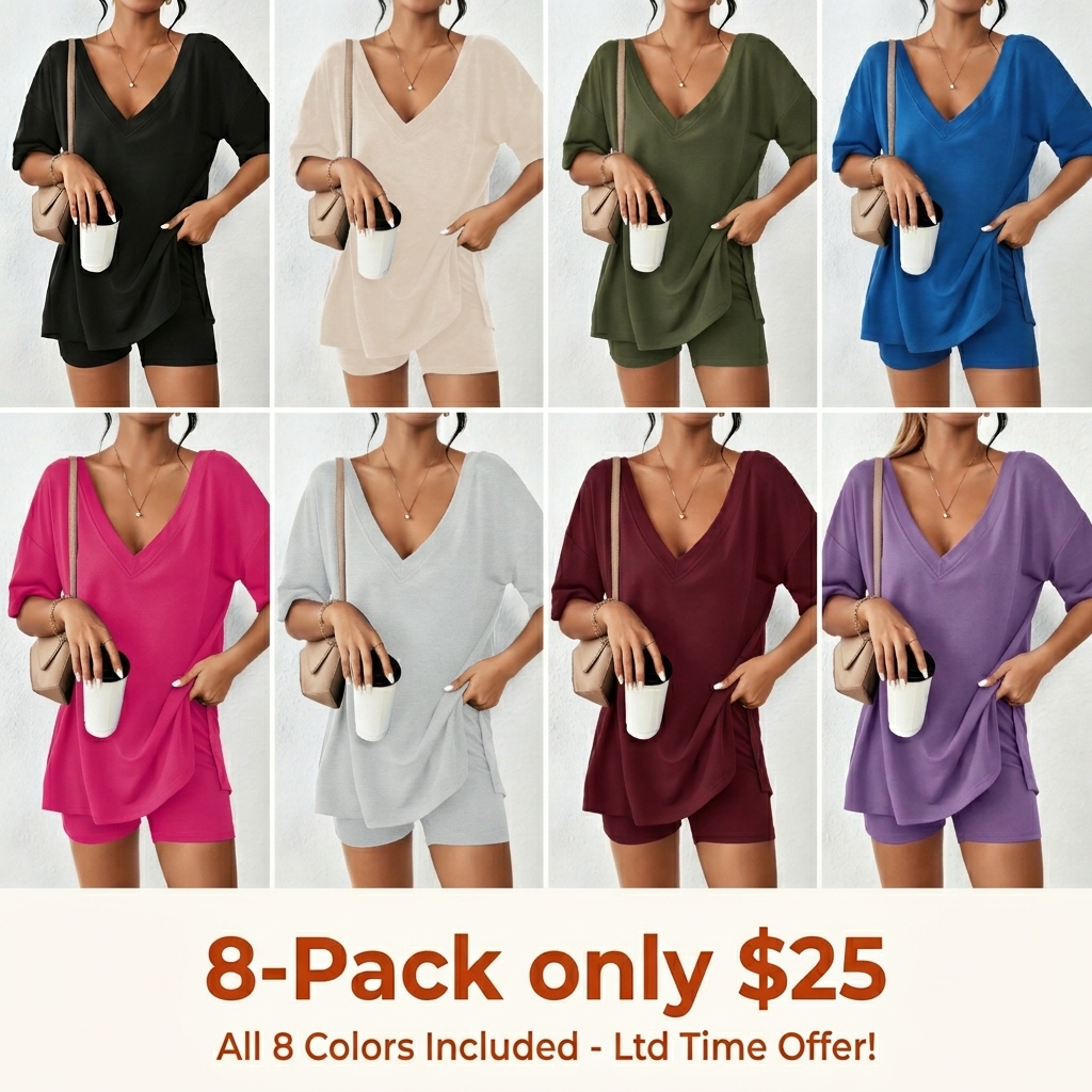 V-neck Two-Piece Pajama Set For Women Summer Casual Oversized Split Hem Shirts & Biker Shorts