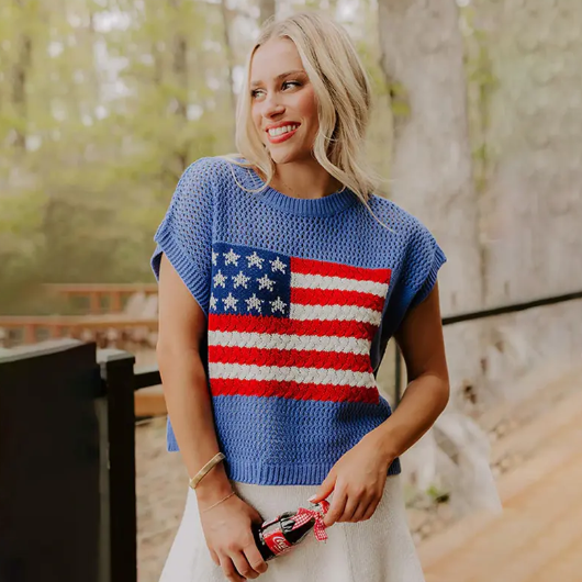 Women's American Flag Graphic Relaxed Fit Short Sleeve Knit Sweater Top