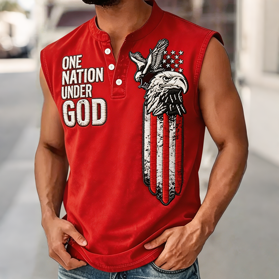 Men's One Nation Under God Bald Eagle USA Flag Embroidered Sleeveless Top