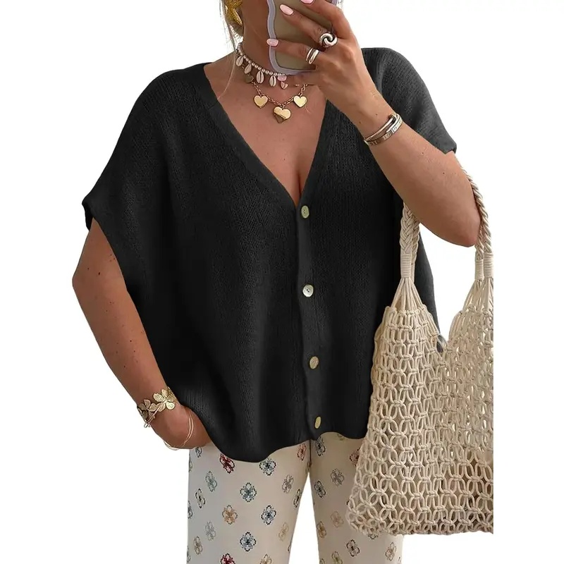 Womens Fall Oversized Cardigans Batwing Short Sleeve Lightweight Button V Neck Casual Knit Sweater Tops