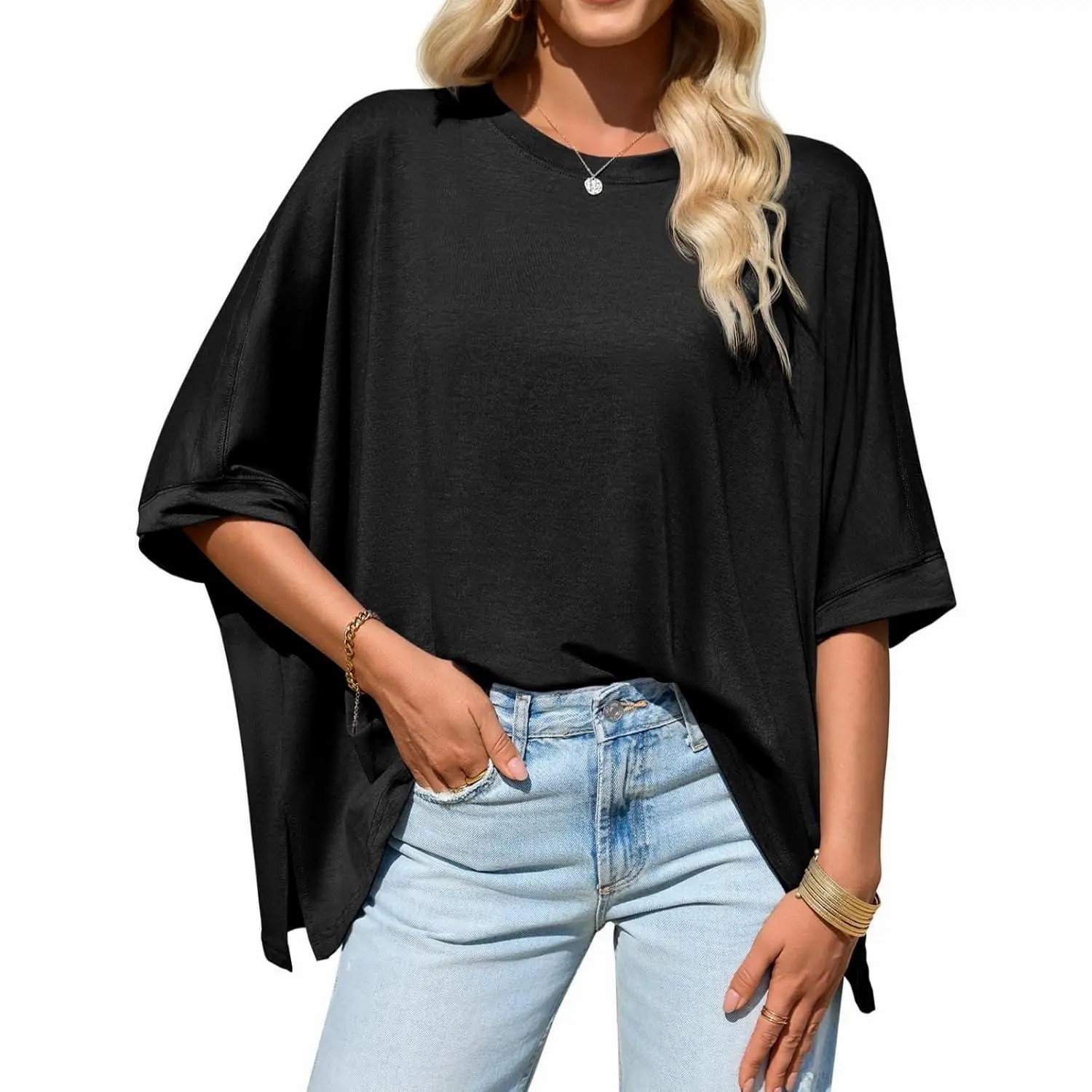 Women's Oversized Batwing Sleeve T-Shirt – Asymmetric Hem Loose Fit Tunic Top