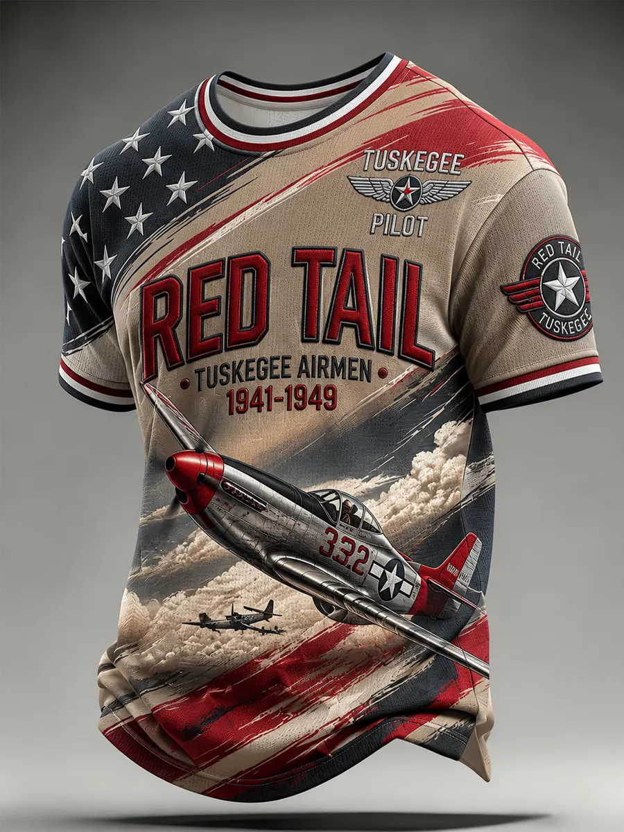 Men's Retro Tuskegee Pilot Red Tail Print  Casual T-Shirt