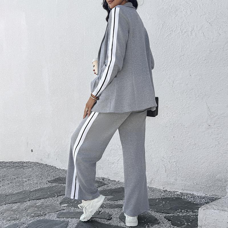 Women's Striped Side Tape Blazer & Wide-Leg Pants Set