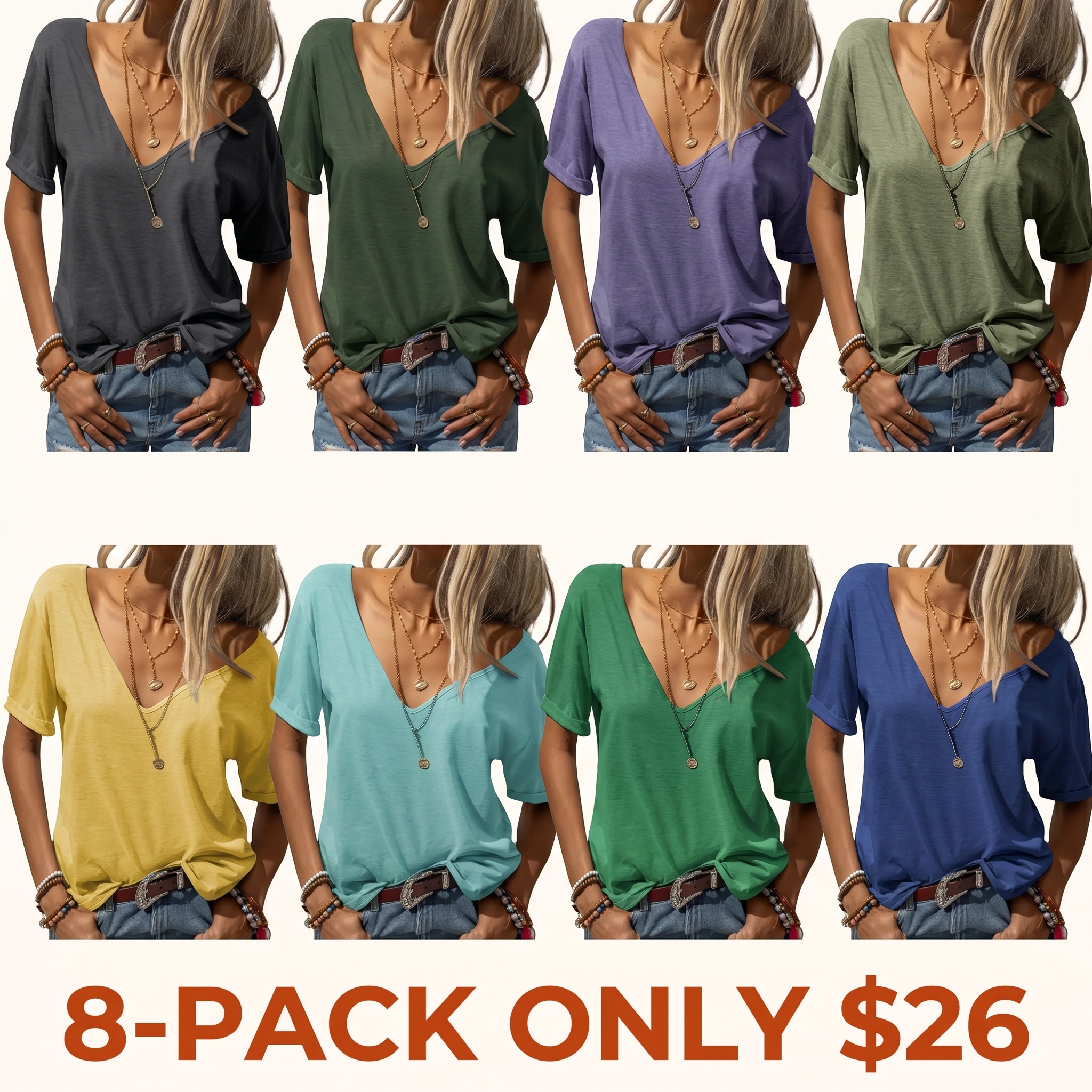 Women's Fashion Deep V-Neck Short Sleeve Tops Solid Casual Loose Basic T Shirt